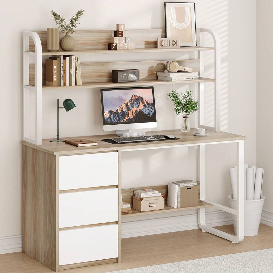Home Office Desk with Hutch & Three Drawers