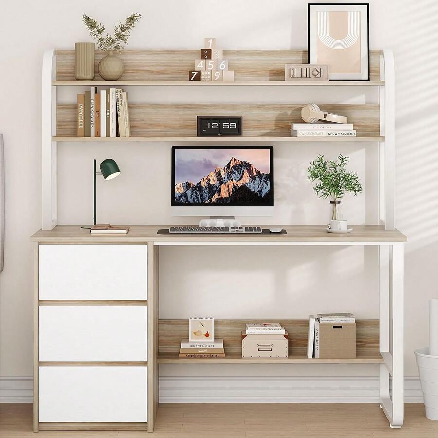 Home Office Desk with Hutch & Three Drawers