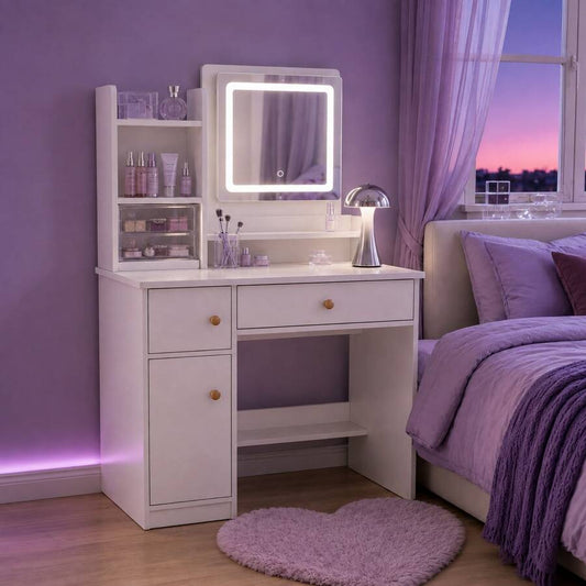 LED Mirror Vanity with Drawers & Shelves