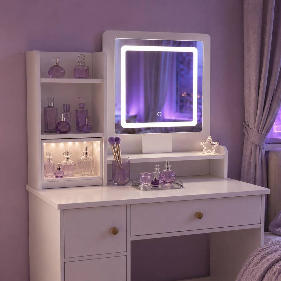 LED Mirror Vanity with Drawers & Shelves