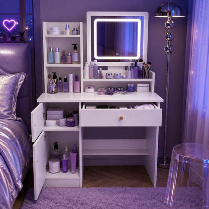 LED Mirror Vanity with Drawers & Shelves