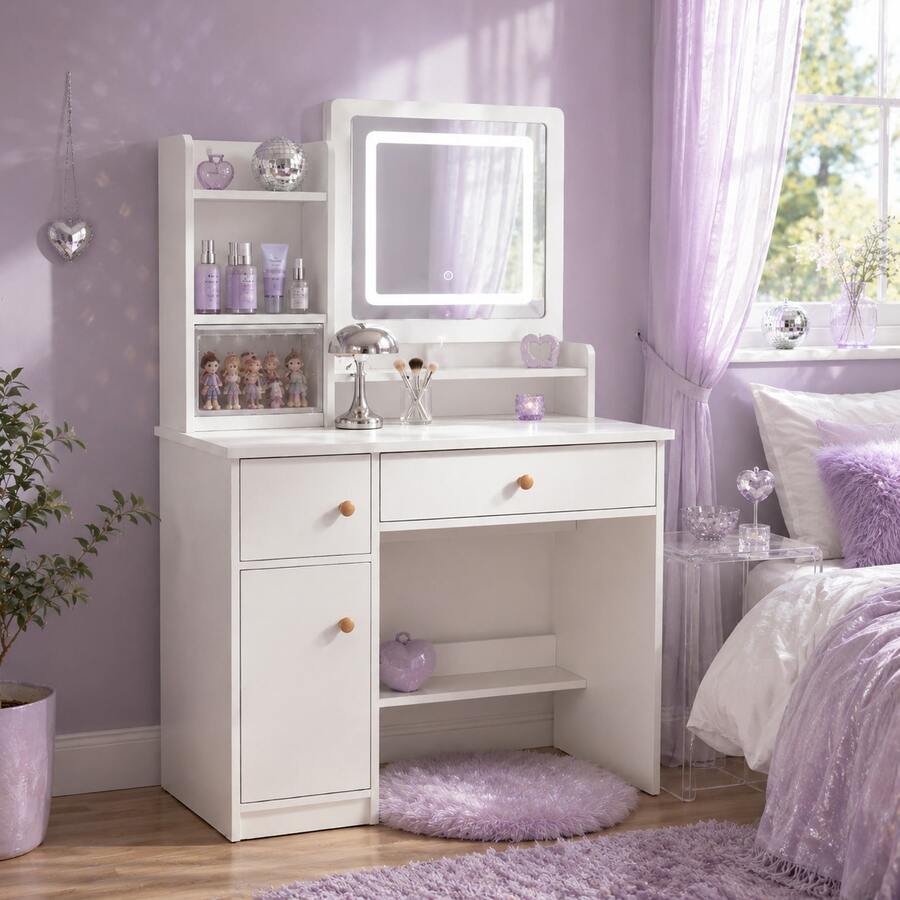 LED Mirror Vanity with Drawers & Shelves