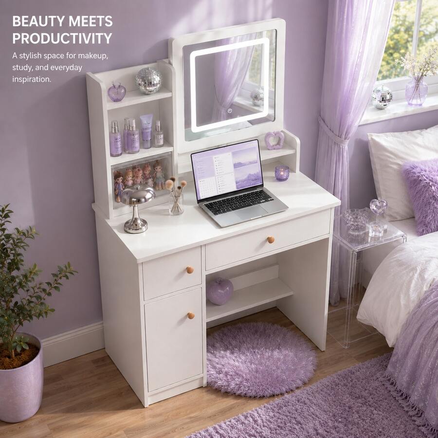 LED Mirror Vanity with Drawers & Shelves