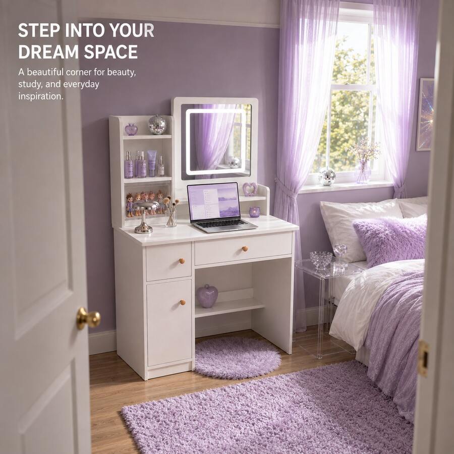 LED Mirror Vanity with Drawers & Shelves